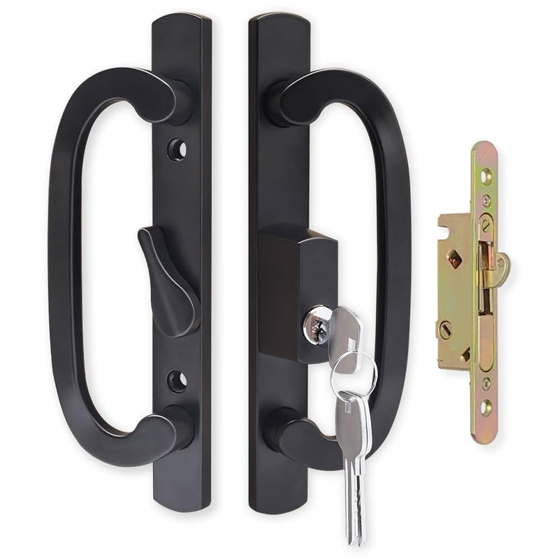 Sliding Glass Door Handle Set Replacement with Keyed Lock, 3-15/16" Screw Hole Spacing, Reversible Non-Handed Patio Door Handles, Aluminum Pull, Fits 1-3/8" to 2" Thick Doors (Black, No Keeper) Black