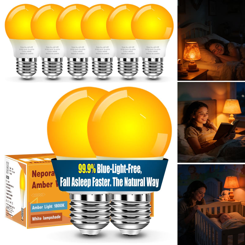 Neporal 1800K Amber Sleep Light Bulbs 8PK, 99.96% Blue Blocking Soft Warm Light Bulbs for Melatonin Promoting, A15 6W 40W Equivalent Amber Night Light E26 for Bedroom, Baby Nursery, Reading 8