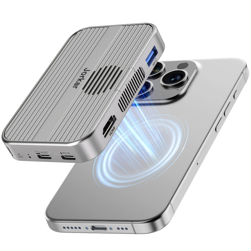 10gbps Magnetic Docking Station, USB C Hub with NVMe M.2 SSD Enclosure for iPhone 17/16/15 Pro/Pro Max/Plus with Cooling Fan, Support SSD Size 2230/2242/2260/2280 B+M M-Key JK-MAG-CASE