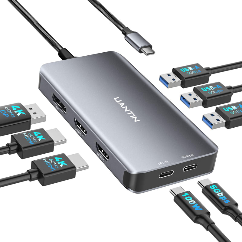 UANTIN Laptop Docking Station 3 Monitors, 8-in-1 USB C Dock with 2 HDMI, DP | USB C Docking Station Dual Monitor with 4K@60Hz HDMI, DisplayPort, USB A & C, 100W PD, USB C Hub Dongle for Dell,HP,Lenovo 11.8inch