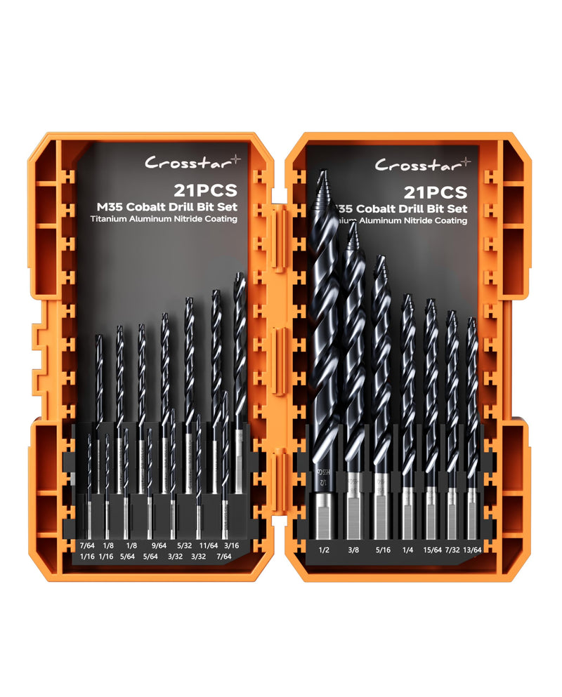 Crosstar Cobalt Stepped Point Drill Bit Set-21pcs 1/16"-1/2" TiAlN Coated Step Drill Head,M35 HSS Jobber Bits,No Pre-Drilling,3-Flat Shank,with Indexed Storage Case,Precise Drilling,for Hardened Steel