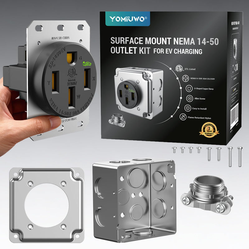 Nema 14-50 EV Outlet (Surface Mount Kit) 50 Amp EV Charging Receptacle Heavy Duty,2.42" Diameter, U-Shaped Brass Clamp -Industrial Grade, 3-Pole 4-Wire Grounding, 50A 125/250V, ETL Listed Surface Mount Kit