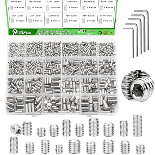 310 Pcs Set Screw Assortment Kit 24 Size 304 Stainless Steel Metric (M3,M4,M5,M6,M8) Grub Screw, Set Screws for Bathroom Fixtures,Set Screw Assortment Kit Silver 310pcs