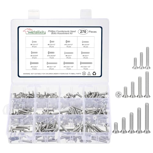 METALLIXITY 270Pcs Countersunk Machine Bolt Assortment Set 304 Silver #6-32/#8-32/#10-24 270