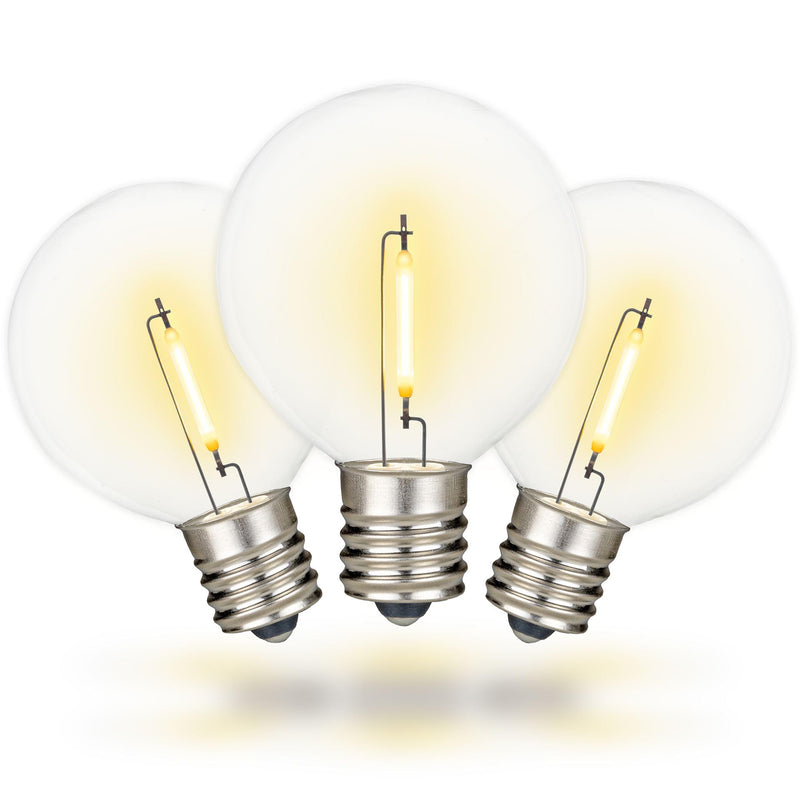 25 Pack G50 Warm White LED Replacement Bulbs – Shatterproof Plastic Filament Bulbs for C9/E17 Sockets, Energy Efficient 0.6W, Indoor/Outdoor Use, 3500 Hour Life