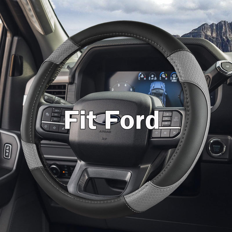 Steering Wheel Cover for Ford F-150, F-250, F-350, Expedition - Custom Fit 15.5-16 Inch Auto Car Accessory, Anti-Slip Grip & Durable Protection (15.5-16 inches - Gray) Large size (15 ½''-16'') Black + Gray