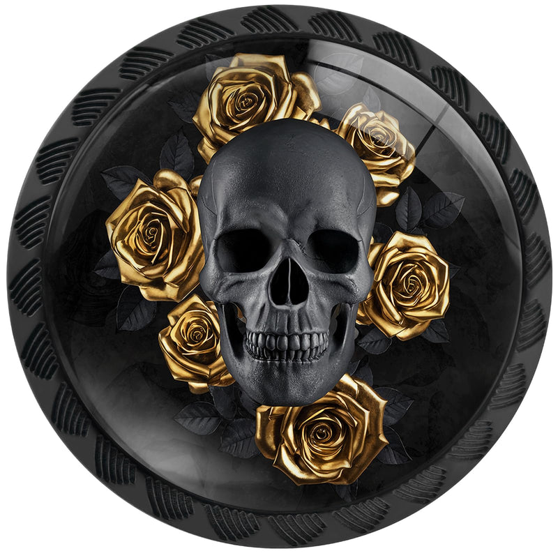 12 Pack Gothic Black Skull Golden Roses Cabinet Knobs for Kitchen | Drawer Pulls Round Dresser Handles Hardware for Desk Cupboard Wardrobe Closet Vanity Door Bathroom Decor 12PCS - 1.37"L x 1.1"W Gothic Black Skull with Gold Roses