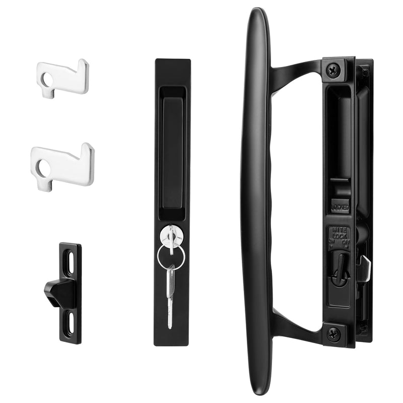 Patio Glass Door Replacement Handle Set with Lock, 6-5/8" H.C., Fits 1" to 1-1/8" Sliding Thick Doors, Keyed Black Diecast Reversible Design Keys