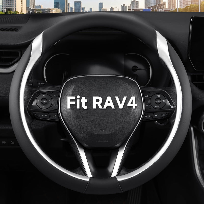 West Llama Microfiber Leather Steering Wheel Cover Customized for Toyota RAV4 2013-2026, Black+Silver 14.5-15 inch