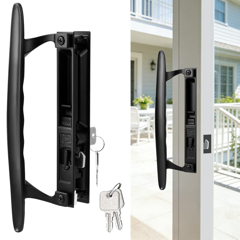 Keyed Sliding Patio Door Handle Set, Black Diecast Replacement Handle with Hook Lock, Fits 1" to 1-1/8" Thick Sliding Glass Doors, 6-5/8" Hole Spacing, Non-Handed Reversible Design 6-5/8" H.C Keyed