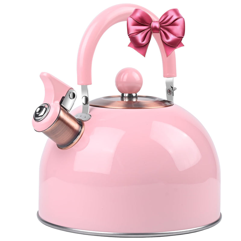 2.6 Quart Pink Whistling Tea Kettle for Stovetop, Stainless Steel Teapot with Cool-Touch Handle, Loud Whistle, Wide Base, Induction Compatible for Gas Electric Glass Cooktops