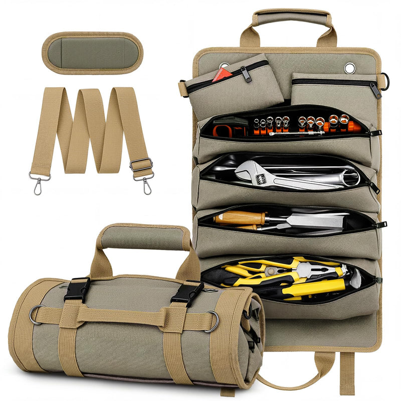 Tool Roll Up Bag, 1680D Heavy Duty Tool Bag Organizer with 2 Detachable Tool Pouches & Multiple Pockets, Waterproof Motorcycle Tool Roll for Mechanic & Electrician, Gift for Men Him Dad, 21.9"*13.8" Khaki
