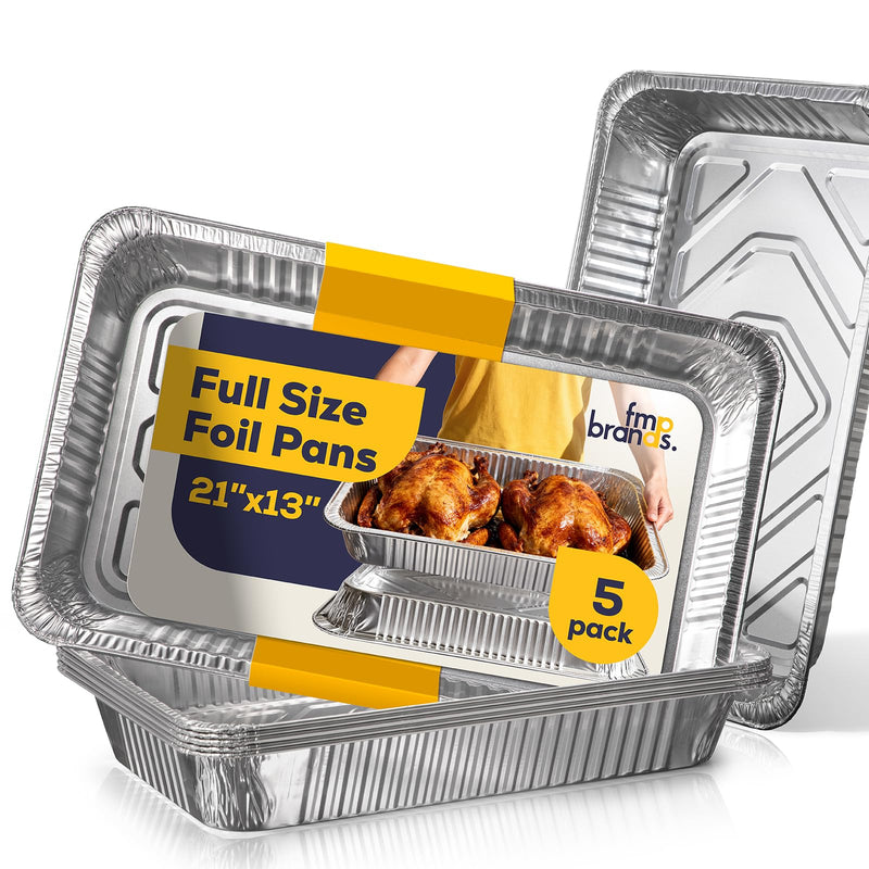 Fit Meal Prep 5 Pack Full Size Aluminum Foil Pans 21"x13", Heavy Duty Large Disposable Roasting Pans for Cooking, Serving, Freezing, Baking Pan Trays for Catering, Meal Prep, and Food Storage