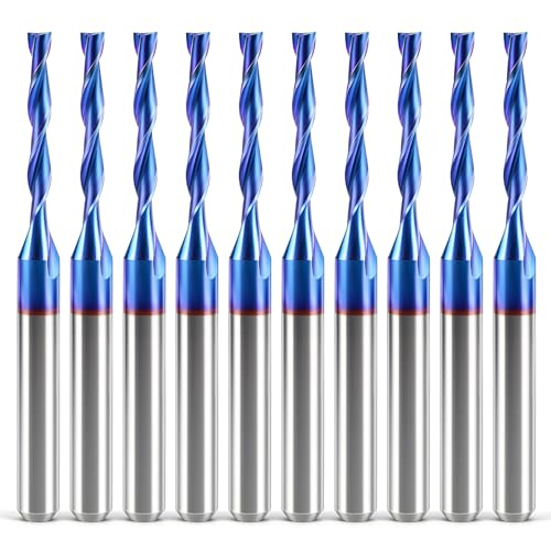 HQMaster CNC Router Bits 1/8" Shank 1/16" Cutting Dia. CNC Bit End Mill Flat Nose Carbide Endmill Two Flute Spiral Upcut Milling Cutter Tool Set for Wood PVC MDF Hardwood 10Pcs