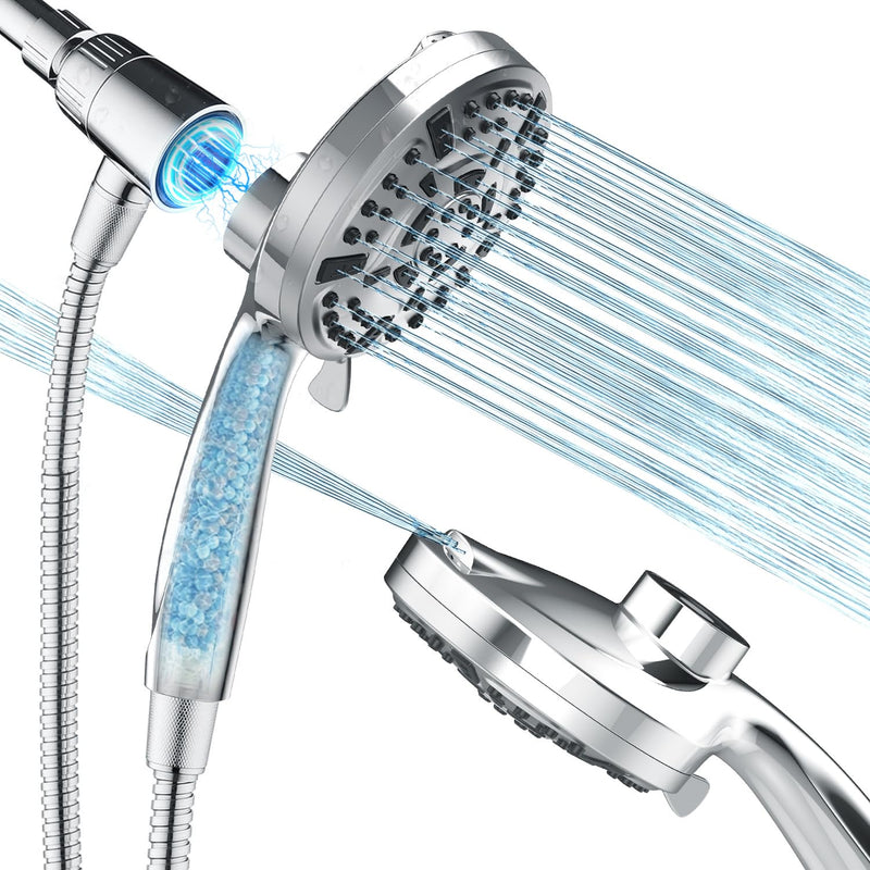 Magnetic Shower Head with Handheld - 10 Spray Modes High Pressure Filtered Showerhead, Detachable Magnetic Mount, Built-in WaterFilter, Extra Cleaning Nozzle, Chrome Silver