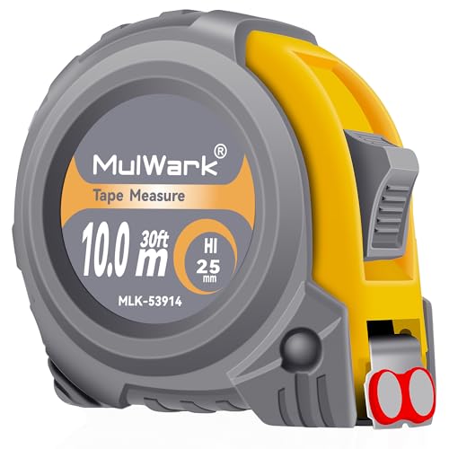 MulWark 30FT Metric Tape Measure, Easy Read Measuring Tape Retractable with Fractions 1/8, Both-Side Metal Blade, Magnetic Hook & Shockproof Case for Construction, Carpenter, Architect, Woodworking 30 ft Yellow-Grey