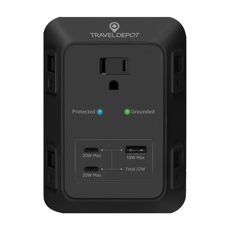 Travel Depot PD USB Wall Charger Surge Protector, 5 Outlet, (Black) | Extender 2 USB C & 1 USBA Charging Ports, Fast Charge 3 Sided Power Strip Multi Plug Outlets Wall Adapter for Home Office Black