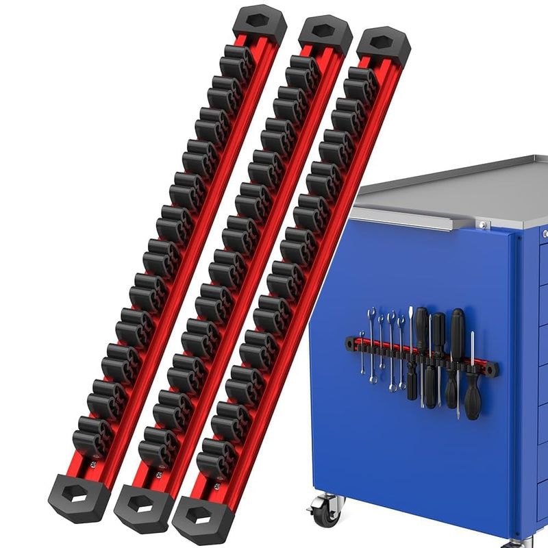 Preciva 3 PCS Magnetic Tool Holder with 36 Sliding Clips, Triple Strong Magnets & Aluminum Rails, Compact Screwdriver Organizer and Wrench Organizer for Garage Workshop Tool Box Storage