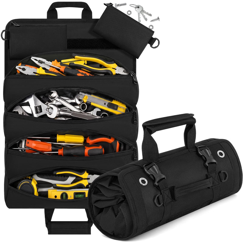 ANILD 13 Inch Roll Up Tool Bag Organizer, Heavy Duty Portable Tool Roll Organizer Bag with 2 Detachable Pouches, Father’s Day Gift, Gifts for Men, Electrician, Mechanic & Hobbyist (Black, Regular) Black