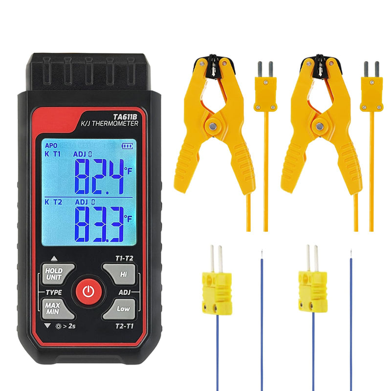 Digital K Type Thermocouple Thermometer (-328~2500℉), Dual Channels Thermometer with 2 HVAC Temperature Clamps & 2 Wired Thermocouple Probes, LED Backlight & ADJ Compensation Temperature Meter Tester