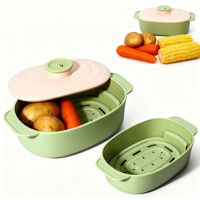 44oz Silicone Steamer Bowl with Handle & Lid, 9.8x5.7x4in | Microwave-Safe, BPA-Free with Removable Rack, Rotating Steam Vent, Freezer & Dishwasher Safe, Ideal for Vegetables & Fish