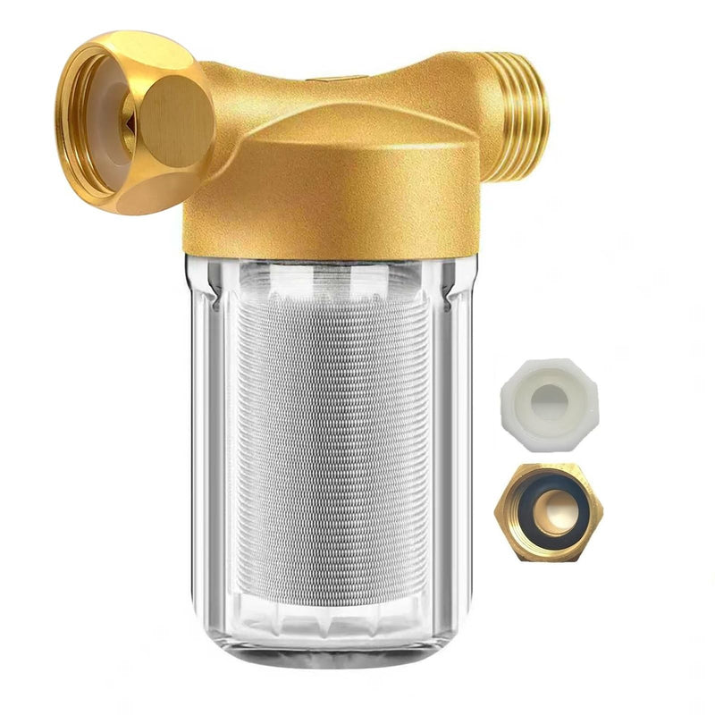FA21 Brass Water Filter for Shower, Washing Machine Filter, 40-50 Micron, Reusable Sediment Filter, Traps Sand Rust, 1/2" Fittings w/ 3/4" Adapters