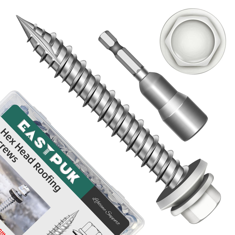 300Pcs #10 x 1-1/2 Inch Hex Head Metal Roofing Screws, WhiteCoated Hex Head Metal Roof Screws with Rubber Washer, Construction Self Tapping Screw with Hex Socket #10 x 1-1/2" White 300