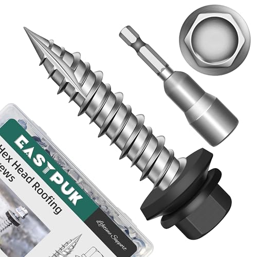 300Pcs #10 x 1 Inch Hex Head Metal Roofing Screws, Black Coated Hex Head Metal Roof Screws with Rubber Washer, Construction Self Tapping Screw with Hex Socket #10 x 1" 300