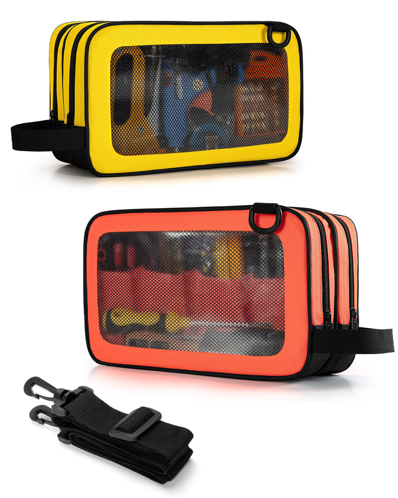 Marscamd 2 Pack Tool Pouch with Dual Compartments, 12” Tool Bag with Detachable Shoulder Strap, Carry Handle and Translucent Window, Orange-red/Yellow Orange-red and Yellow
