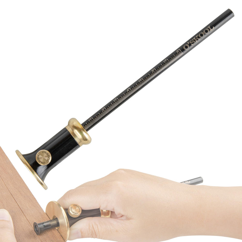 O'SKOOL Wheel Marking Gauge for Woodworking, Precision Scribing Tool with Dual Metric/Imperial Scale, Solid Metal Body, Bearing-Mounted Rolling Cutter, Extra Blade Included, MAM018
