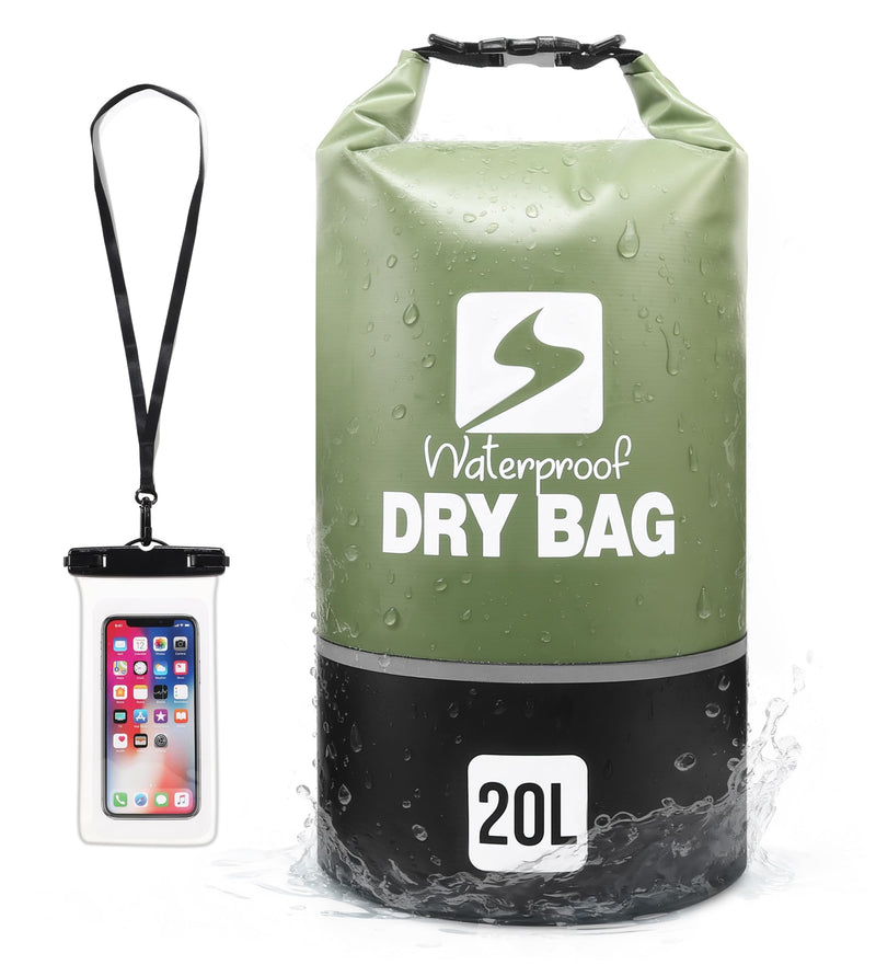 Soulsfeng Waterproof Dry Bag Roll Top Lightweight Dry Backpack for Boating, Kayaking, Travel, Beach, Swimming, Hiking & Camping - Floating Dry Sack with Adjustable Shoulder Straps 20L Green