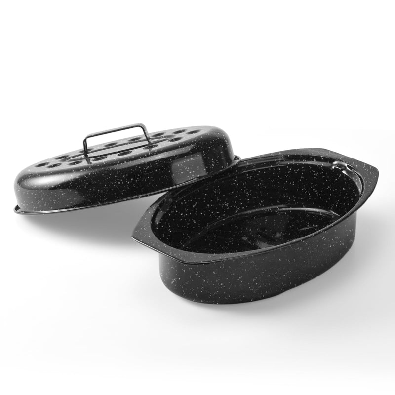 13" Roasting Pans for Ovens Porcelain Enameled Steel Oval Roaster Pan with Domed Lid for Small Turkey, Chicken, Vegetable, Lamb, Sourdough Bread Black-13 Inch