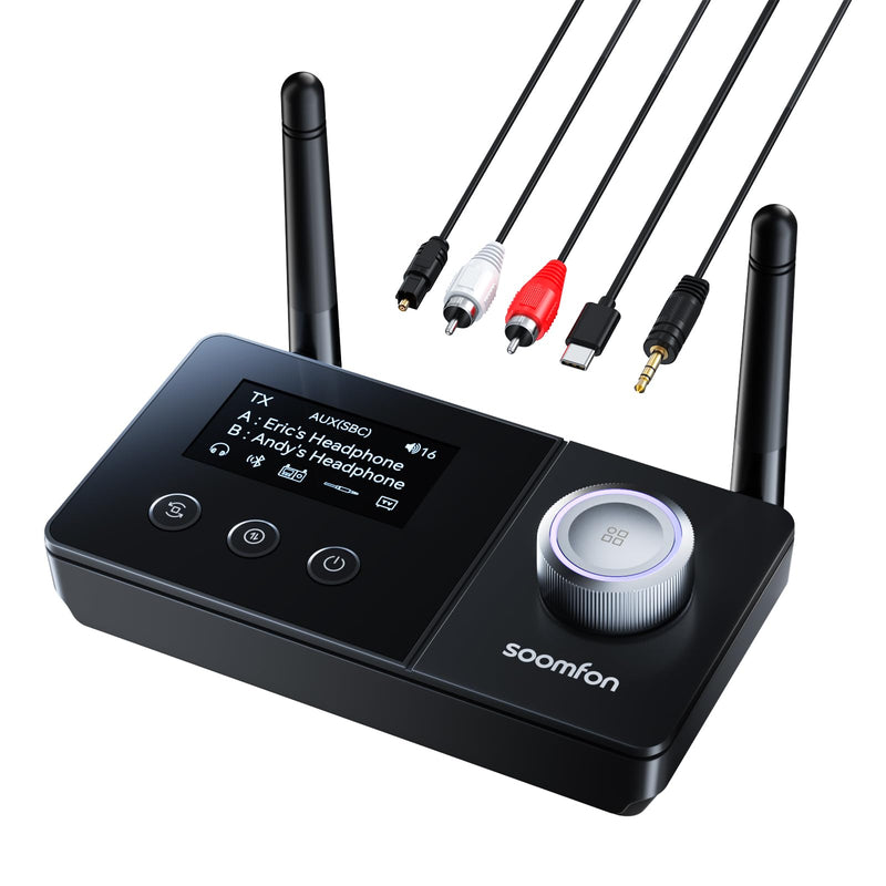 SOOMFON Dual Antenna Bluetooth Transmitter for TV Bluetooth 5.3 Receiver 3-in-1 to 2 Headphones with LCD Display Volume Control Optical AUX RCA for TV Home Stereo Speaker