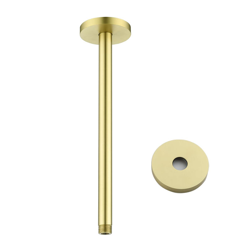 Brushed Gold Shower Arm with Flange 12 inch Stainless Steel Ceiling Mounted Shower Extension Arm Pipe for Rainfall Shower Head,SE-RD91038-12BG Round Flange-12″Brushed Gold