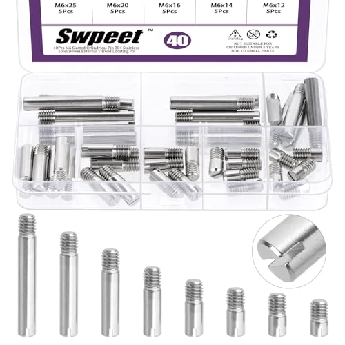 Swpeet 40Pcs 6 Sizes M6×12/14/16/20/25/30/35/40mm Slotted Cylindrical Pin Dowel Kit, 304 Stainless Steel Dowel External Thread Locating Pin, Parallel Pin Shelf Support Peg for Furniture Machinery