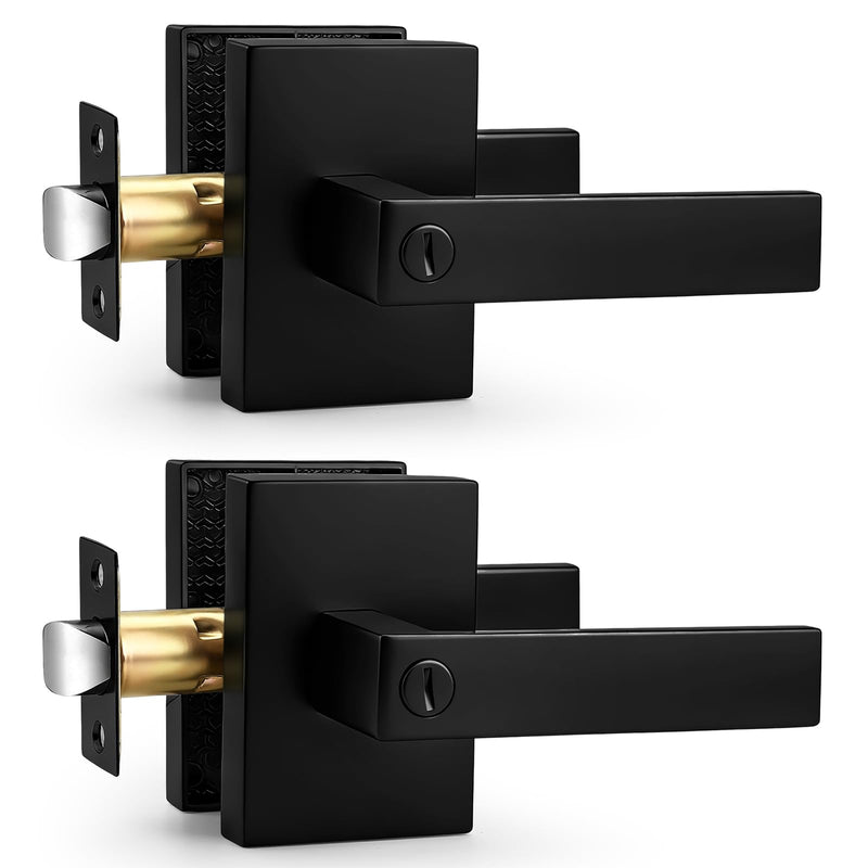 Probrico Interior Privacy Matte Black Door Handle, Long Plate Keyless Door Lever with Lock for Bedroom and Bathroom, 2 Pack