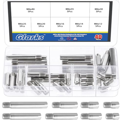 Glarks 40pcs M6 x 12/14/16/20/25/30/35/40mm Slotted Cylindrical Pin Kit, Stainless Steel Dowel Parallel Pins, External Thread Locating Pin, Locating Pin Screw for Furniture, Wooden Projects, Machinery