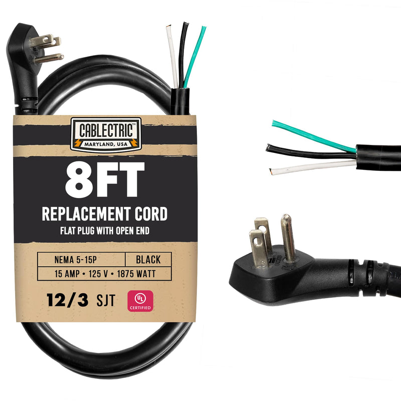 Flat Plug 12 Gauge Power Cord Replacement 8 ft,15 Amp Black Heavy Duty, 12/3 SJT 3 Prong Cable with Open End - Replacement Power Cord for Appliances & Power Tools 8 Foot