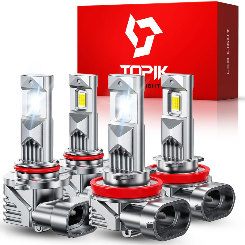 TOPIK 9005 H11 LED Light Bulbs Combo, 76,000LM 900% Brighter, H9 H8 HB3 Light Bulbs, Plug N Play, 50000+ Hours Lifespan, No Flicker, 99% Compatibility, 4PCS 9005+H11