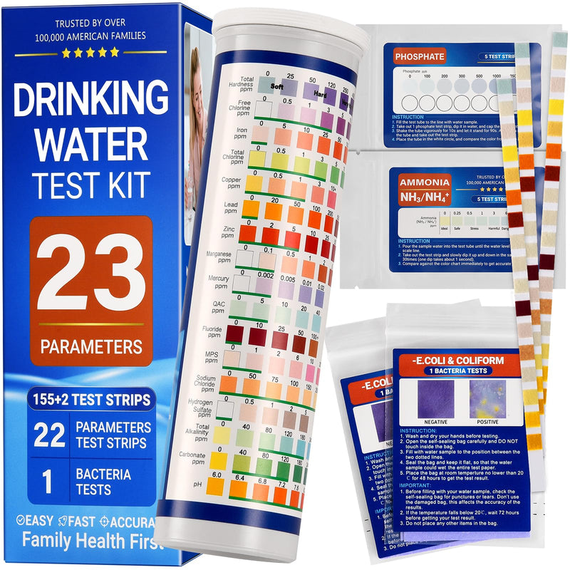 Water Test Kit for Drinking Water, 23-in-1 Water Test Strips for Tap & Well Water, Tests Hardness, Lead, Iron, Copper, Chlorine, Fluoride, pH, Nitrate & More, Fast Home Water Testing, 155 Strips 1