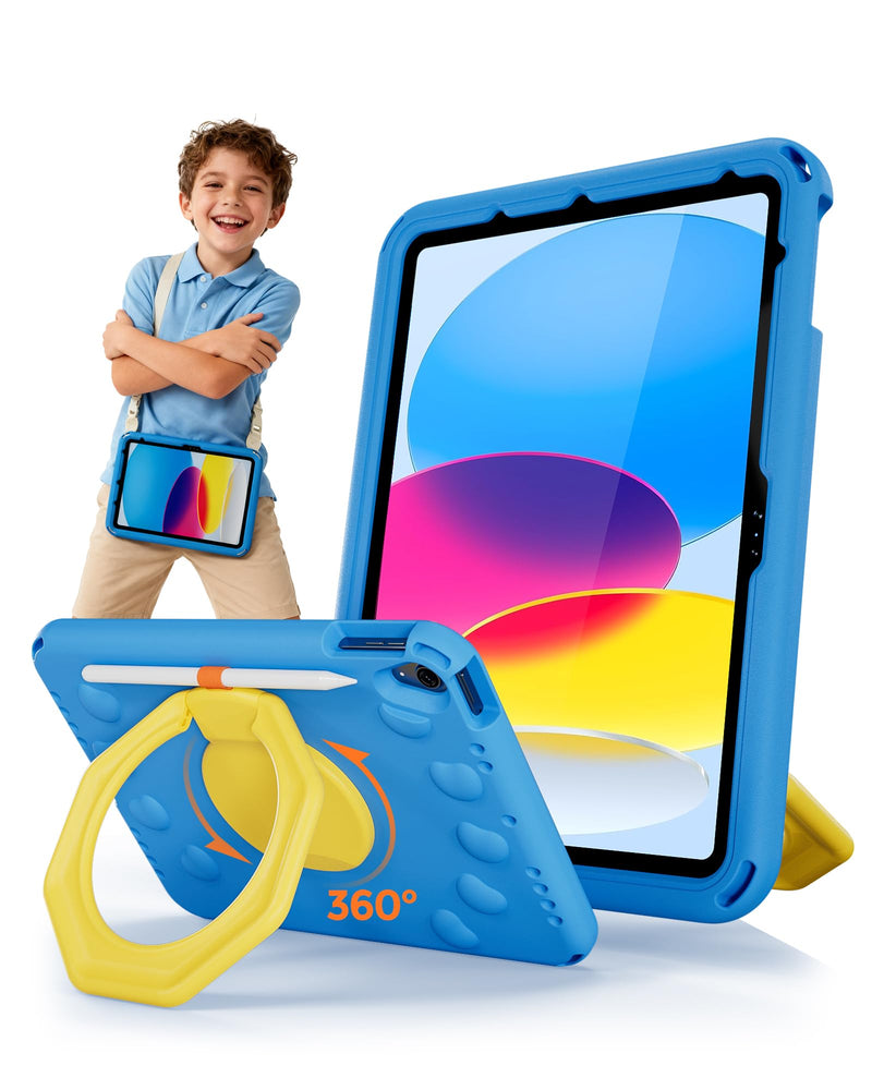 ProCase Kids Case for iPad 11th(A16)/10th, iPad Air 11" M4/M3/M2, Air 5/4th | Shockproof Cover, 360° Ring Stand, Pencil Holder, Shoulder Strap, Drop & Scratch Resistant for Toddler Tablets -Blue Silver iPad A16 11th 2025 /10th 2022