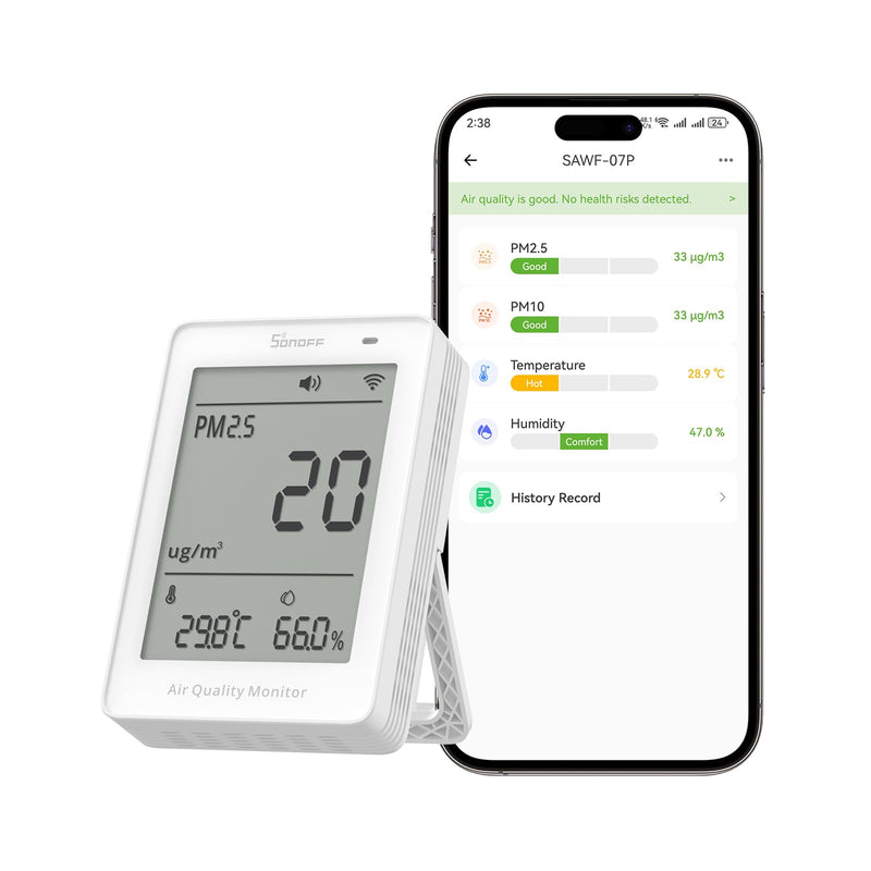 SONOFF SAWF-07P Smart Indoor Air Quality Monitor with PM2.5, PM10, Temperature & Humidity Sensor, Real-Time Display, Notification, Matter-Compatible, 2.4GHz WiFi, 3.73-inch Screen, for Bedroom, Nusery