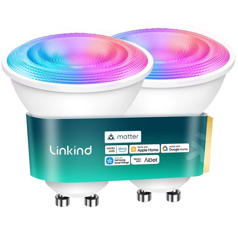 Linkind Matter GU10 Smart Light Bulbs, 40W 470LM Color Changing GU10 LED Bulbs, Works with Alexa/Apple Home/Google Home, Tunable White(1800K-6500K), Music Sync & Light Shows, 2Pack 2 Pack