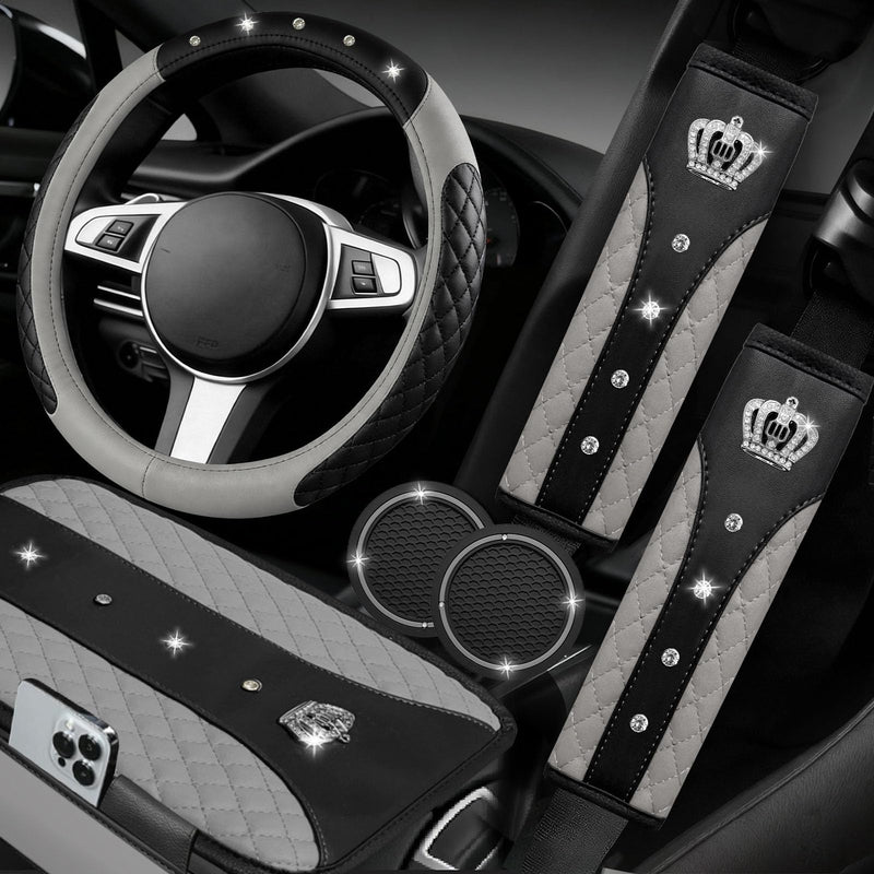 NBTEPEM 6 PCS Bling Car Accessories Set, Leather Steering Wheel Covers Universal 14.5-15 inch, Center Console Cover, Seat Belt Cushion, Cup Holder Coaster (Gray) Gray