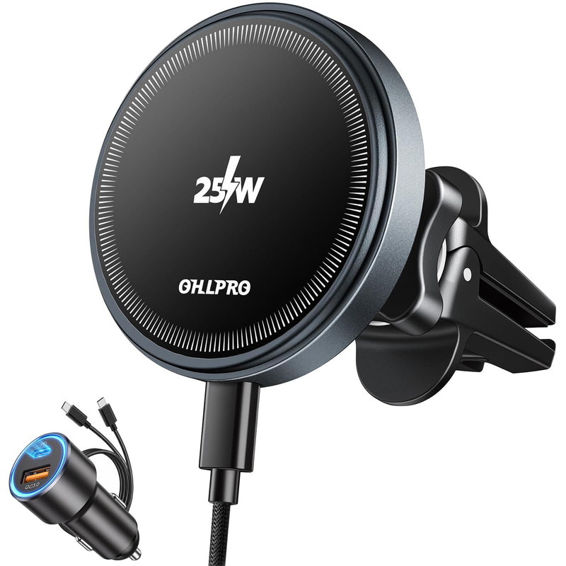 OHLPRO 25W MagSafe Car Charger Mount, Magnetic Wireless Car Charging Holder for iPhone 17 16 Pro Max Plus Pro Air, Vent Clip Phone Mount with 63W USB C Adapter, 360 Rotation, Gray