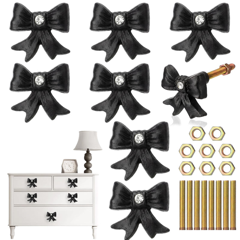 MorningRo 8 Pcs Black Bow Dresser Knobs with Diamond Small Coquette Decor Back to School Cast Iron Drawer Cabinet Knobs for Dorm Girly Bow Drawer Pull Handles for Women Girls Vanity Wardrobe Bedroom