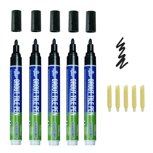 5‑Pack Grout Pen, White Tile Grout Paint Marker with Replaceable Nib, Restore Discoloured Grout Lines for Bathroom Kitchen Floor Wall(Black) Black-5 PCS
