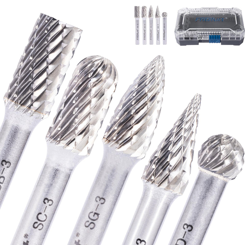 Tungsten Carbide 5PCS Rotary Burr Set 1/4" Shank – Double Cut Die Grinder Bits 3/8" Dia Head Die Grinder Drill for Milling, Carving, Engraving, Deburring, Drilling, Hard Wood
