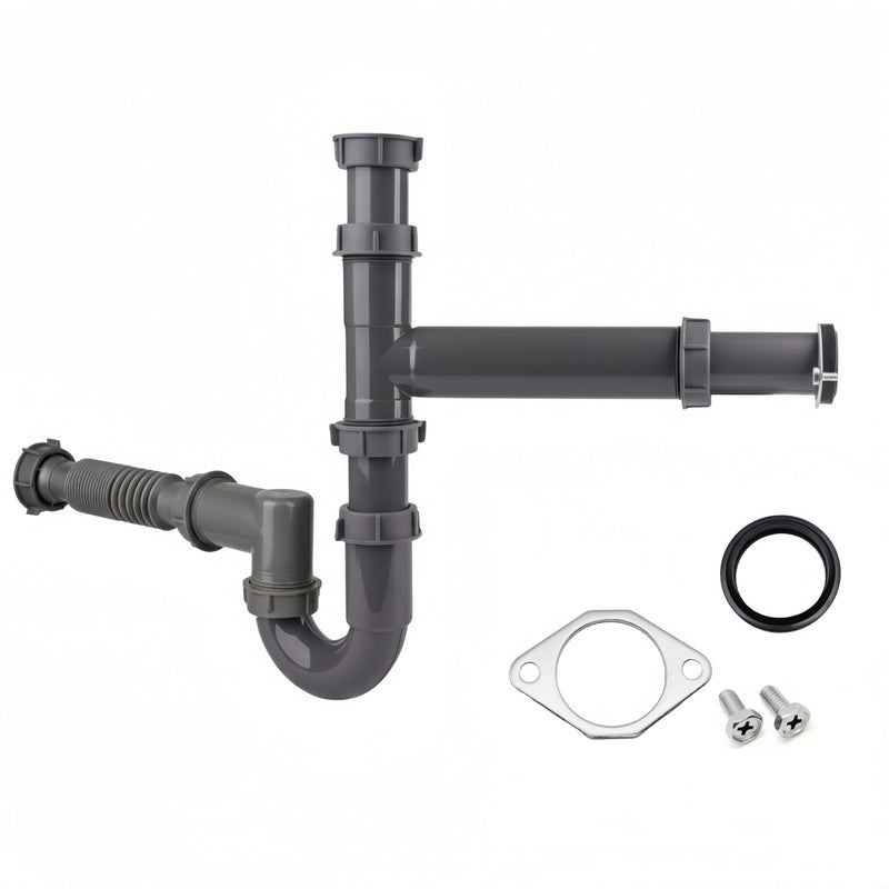 Garbage Disposal Installation Kit, Complete Kitchen Sink Drain Pipe Kit for Double Bowl Sink, 1-1/2" Plumbing, Wall Mount or Floor Drain, Includes Elbow, P trap, Flange, Gasket and Adjustable Tailpipe