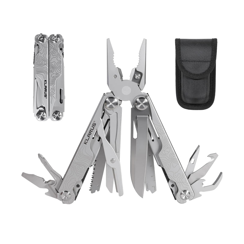 Klarus MT07 20-in-1 Multitool, Heavy Spring Pliers, Topographic Texture Finish, Dual Lock System, High-Carbon Stainless Steel, Includes Nylon Sheath – Pocket Tool for EDC, Outdoor, and Gifts Silver